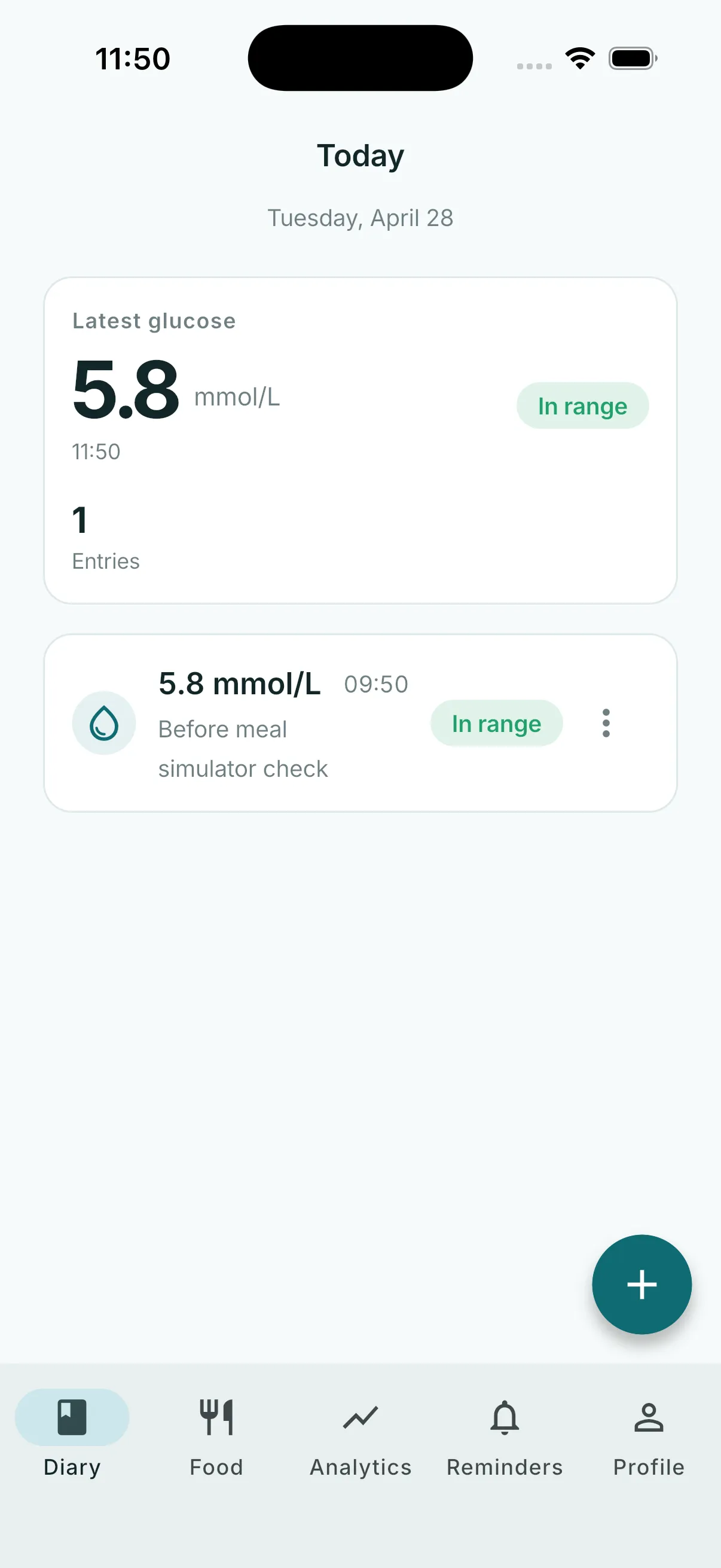 Glytrio diary screen with glucose summary and daily timeline